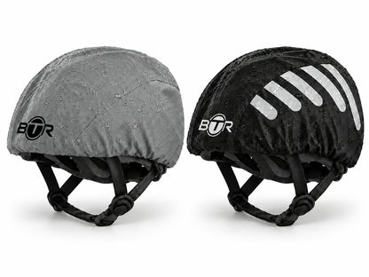 BTR waterproof hi vis cycling helmet covers 2 pack on two bike helmets, Silver & Black