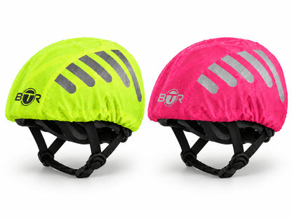 BTR waterproof hi vis cycling helmet covers 2 pack on two bike helmets, Yellow & Pink