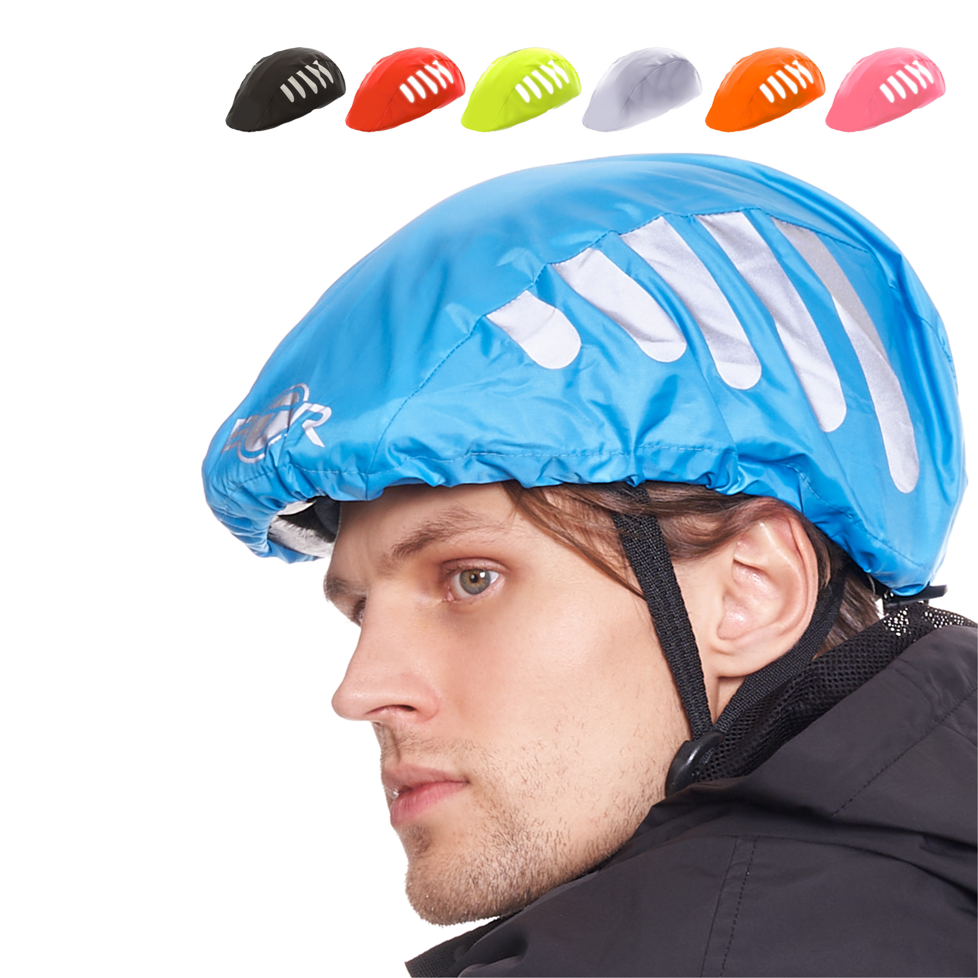 BTR waterproof blue hi vis cycling helmet cover with reflective strips 