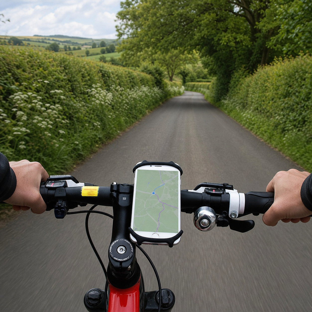 A smartphone mounted on a bicycle handlebar with both rider's hands visible, riding on a paved country path lined with green hedges and trees.