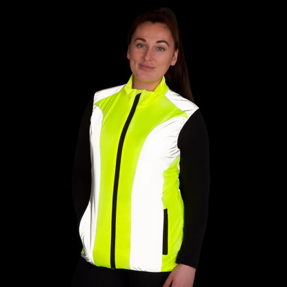 BTR womens yellow hi vis gilet worn at night with reflective panels