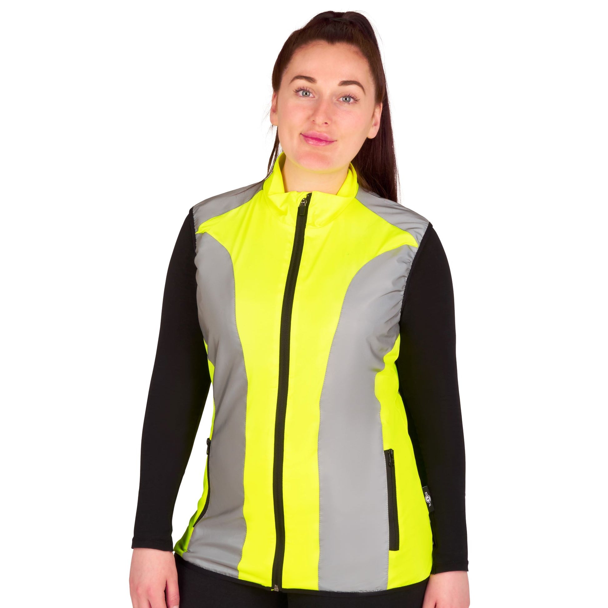 BTR womens yellow reflective gilet worn by a model