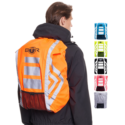 BTR orange waterproof hi vis backpack cover worn by a cyclist