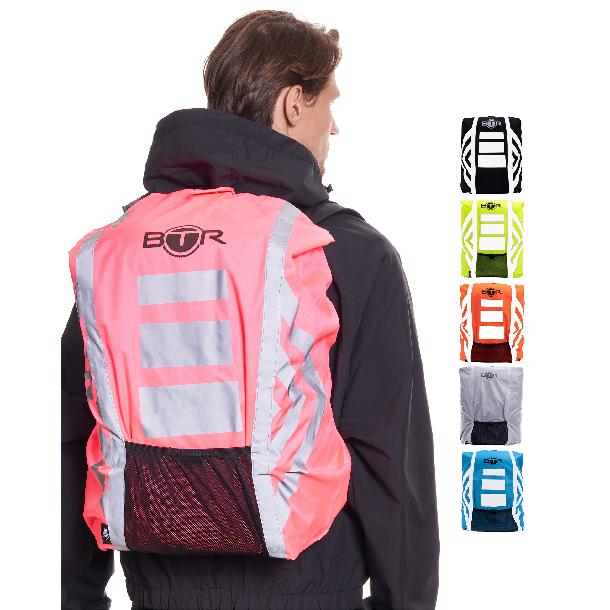 BTR pink waterproof hi vis backpack cover worn by a cyclist