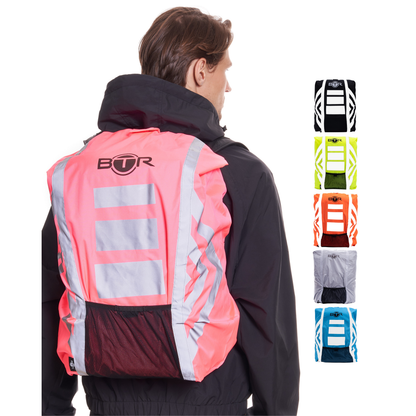 BTR pink waterproof hi vis backpack cover worn by a cyclist