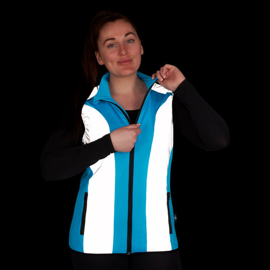 BTR womens blue hi vis gilet worn at night with reflective panels