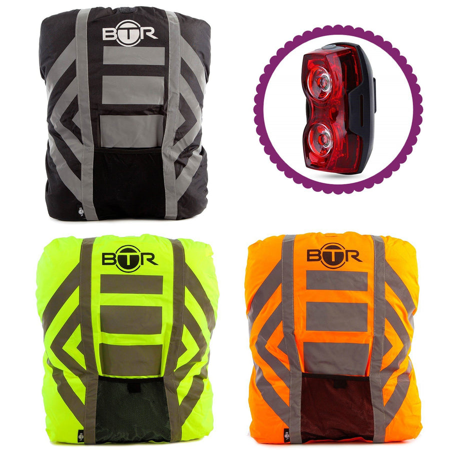 BTR Waterproof High Vis Reflective Backpack Rain Cover with Red LED Bike Light