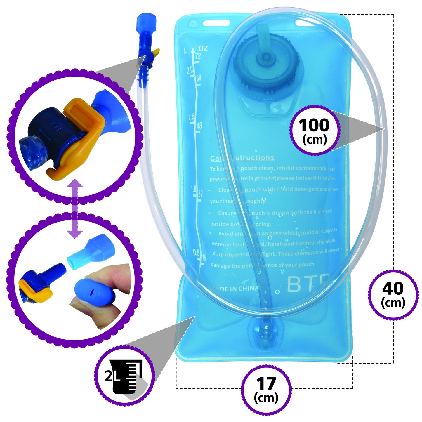 BTR 2L Hydration Bladder, BPA-Free Water Bag for Running, Cycling and Hiking