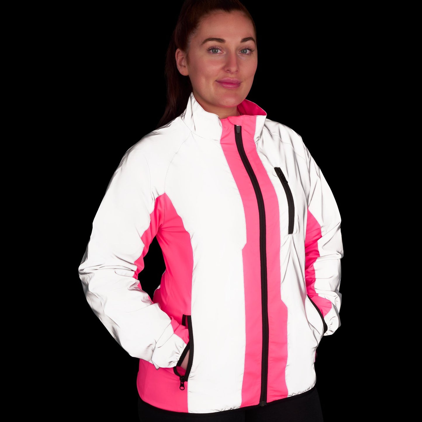 BTR womens pink hi vis jacket worn at night