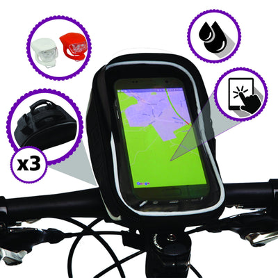 BTR Deluxe Bicycle Handlebar Bike Phone Bag with Built-in Sunvisor & 2 x LED Bicycle Lights