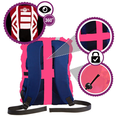 Pink high vis waterproof backpack cover with reflective tape infographic
