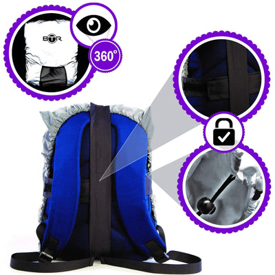 BTR Waterproof High Vis Reflective Backpack Rain Cover with 2 x LED Bicycle Lights