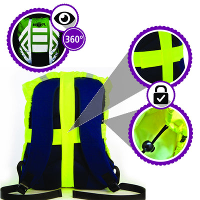 BTR Waterproof High Vis Reflective Backpack Rain Cover with 2 x LED Bicycle Lights