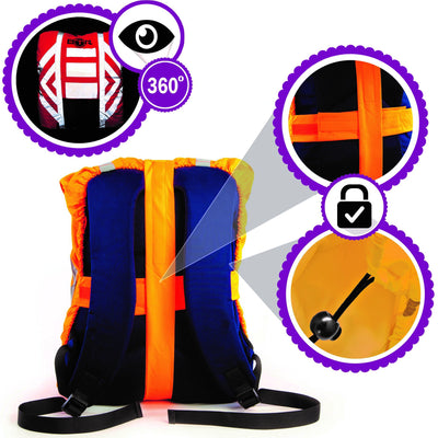 BTR Waterproof High Vis Reflective Backpack Rain Cover with 2 x LED Bicycle Lights