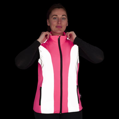 BTR womens pink hi vis gilet worn at night with reflective panels
