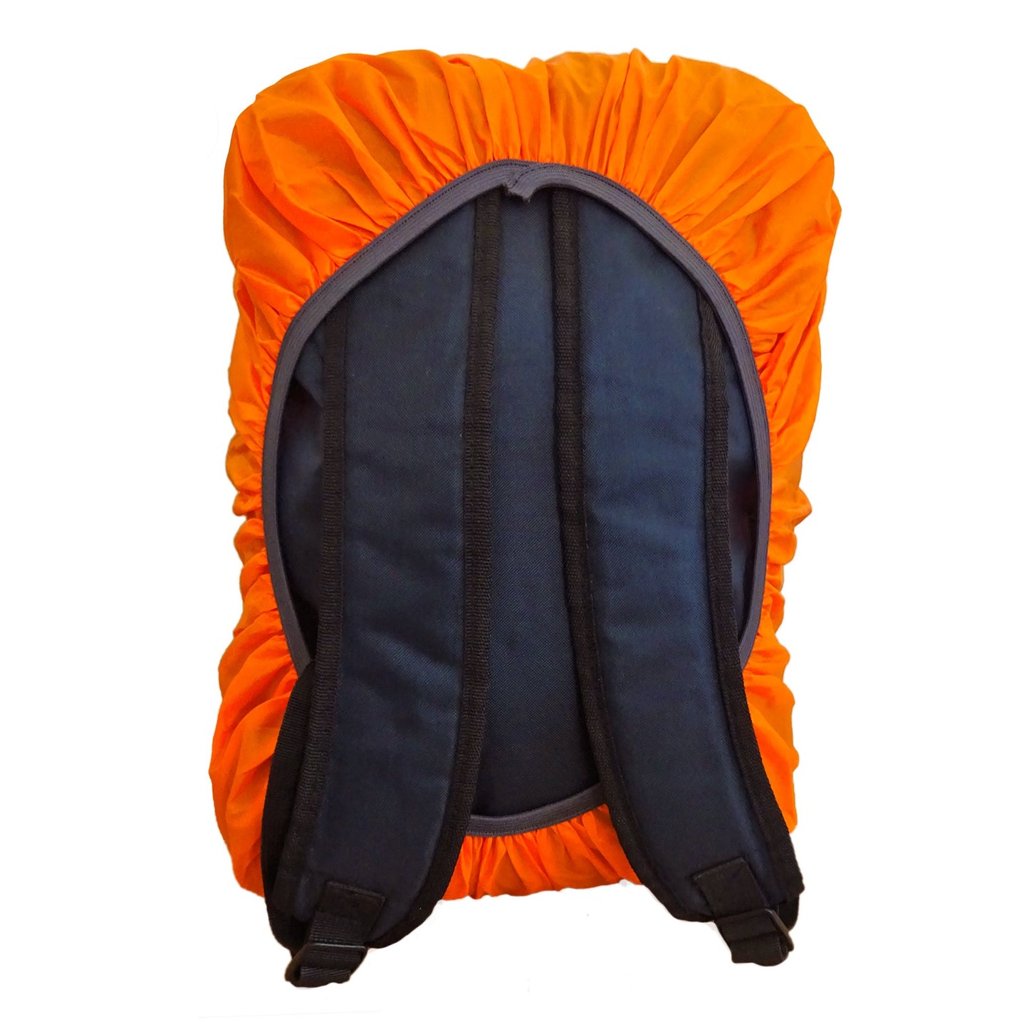 BTR orange backpack cover fitted over a rucksack, back view