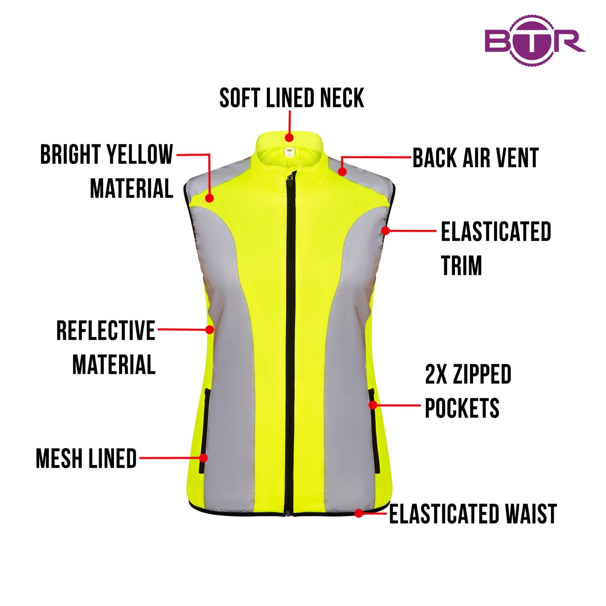 BTR womens yellow gilet features infographic, bright yellow material with reflective panels