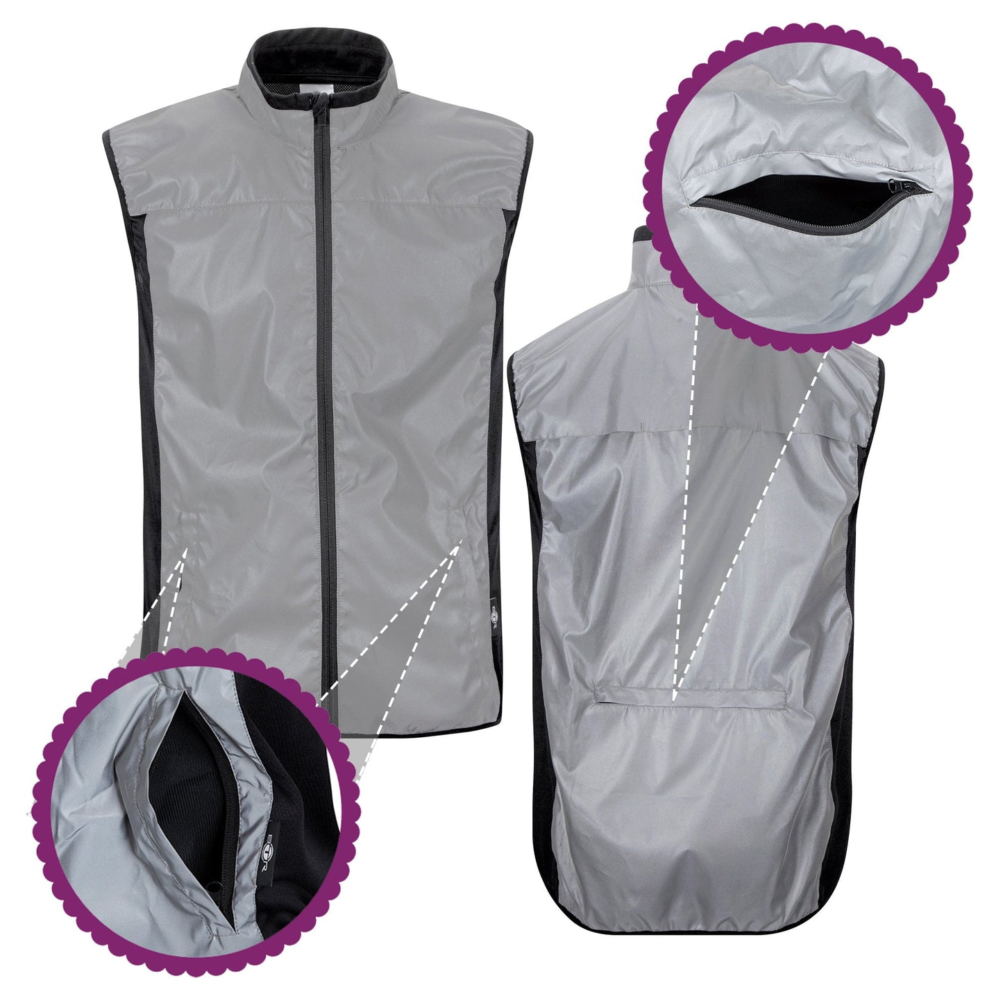 BTR Reflective Cycling & Running Gilet & Vest 3-P - 3 Pockets (2 Side & 1 Rear Pocket)