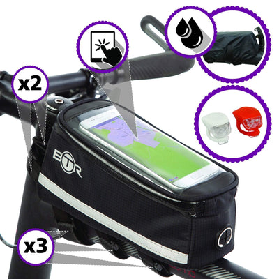 BTR Deluxe Bike Phone Bag with LED Bicycle Front & Rear Bike Lights