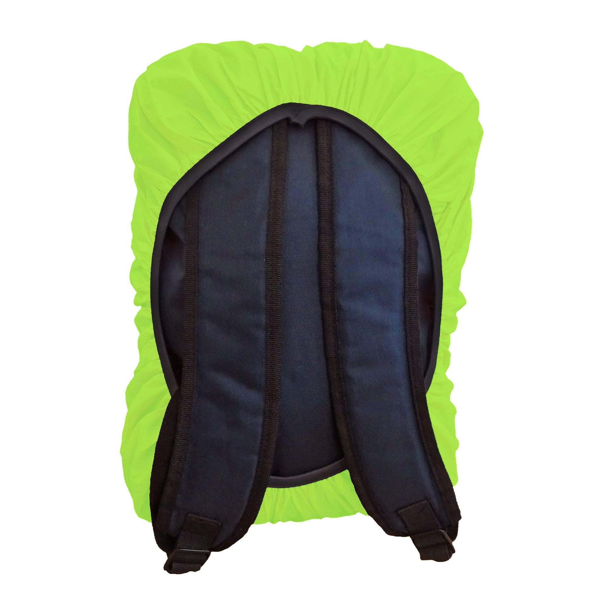 BTR yellow backpack cover fitted over a rucksack, back view