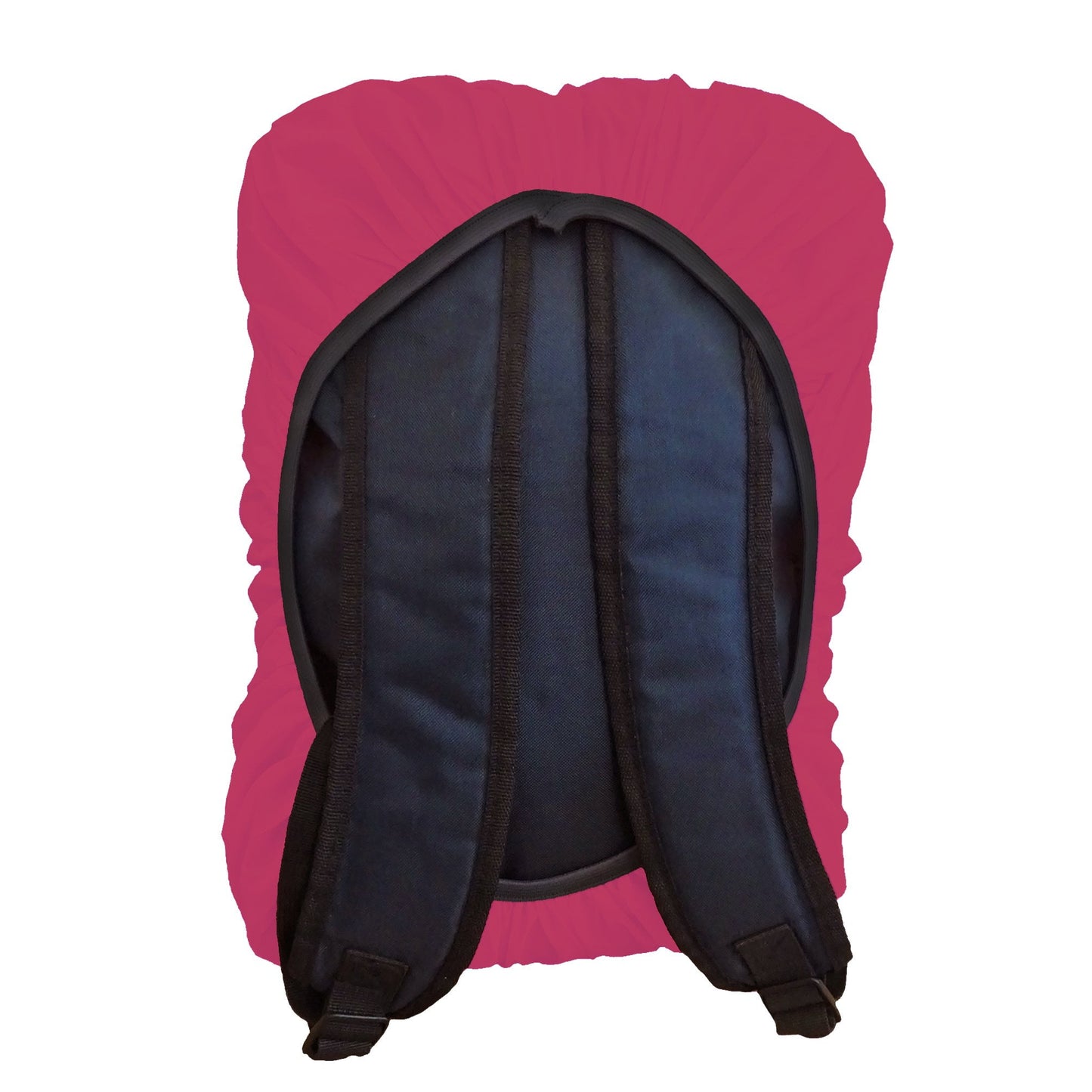 BTR pink backpack cover fitted over a rucksack, back view