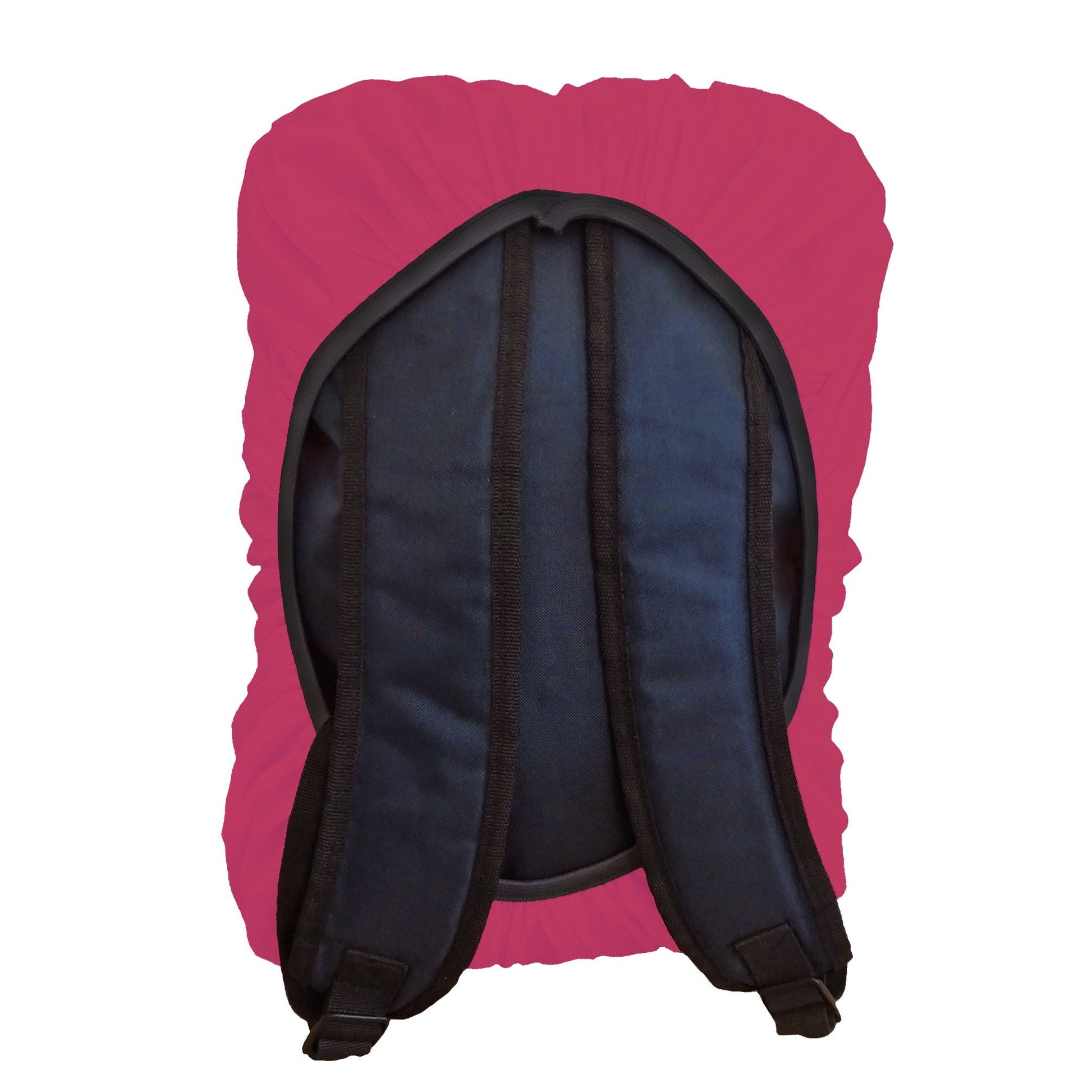 BTR pink backpack cover fitted over a rucksack, back view