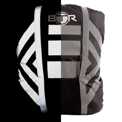 Waterproof hi vis black backpack cover with reflective tape. 50/50 image