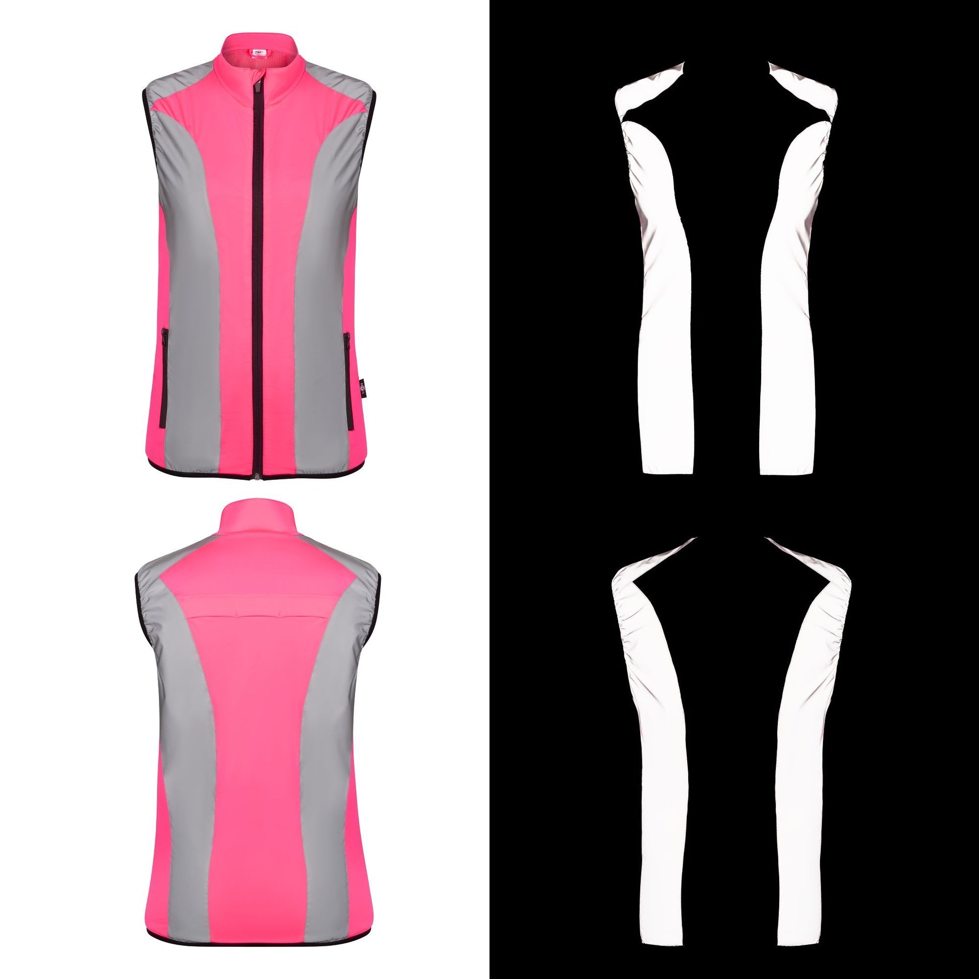 BTR womens pink gilet front and back views with reflective panels glowing