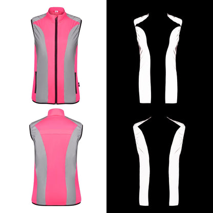 BTR womens pink gilet front and back views with reflective panels glowing