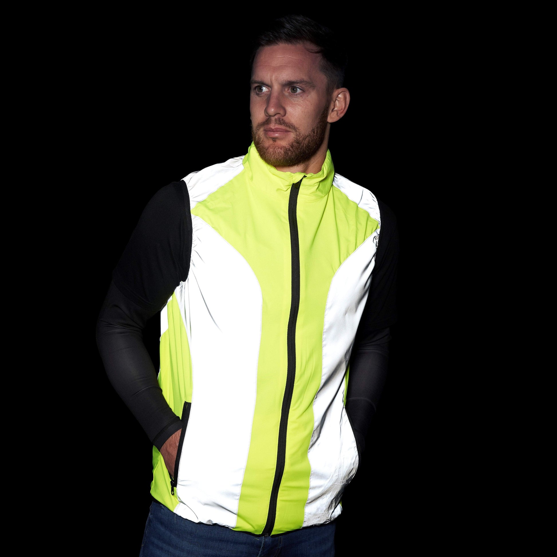 BTR mens yellow hi vis gilet worn at night with reflective panels