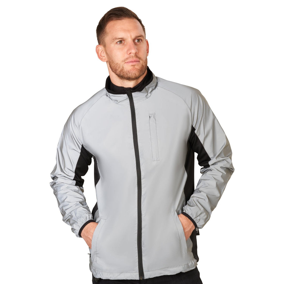 Standard-fit silver reflective cycling jacket worn by a male model