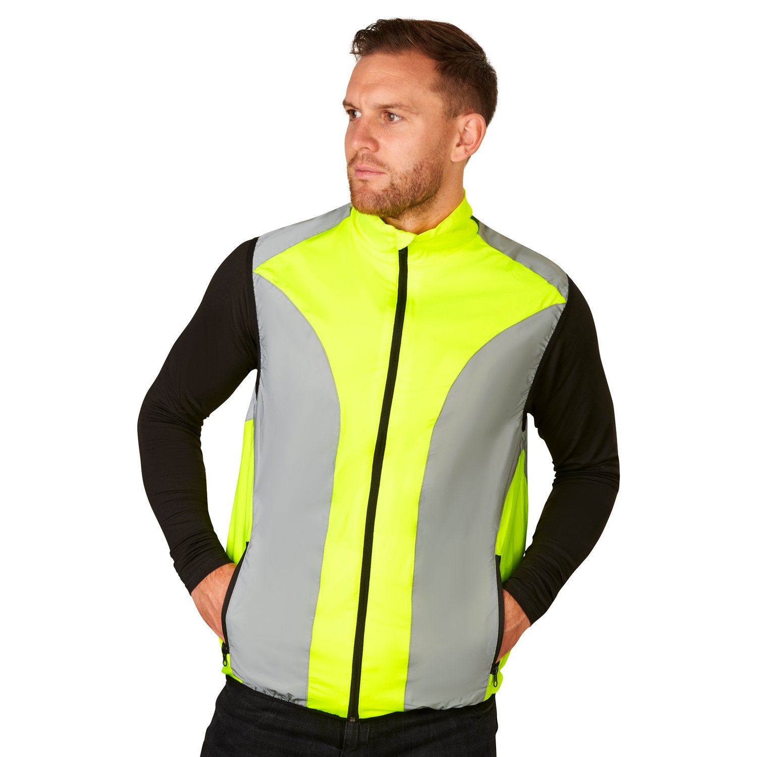 BTR mens yellow reflective gilet worn by a model