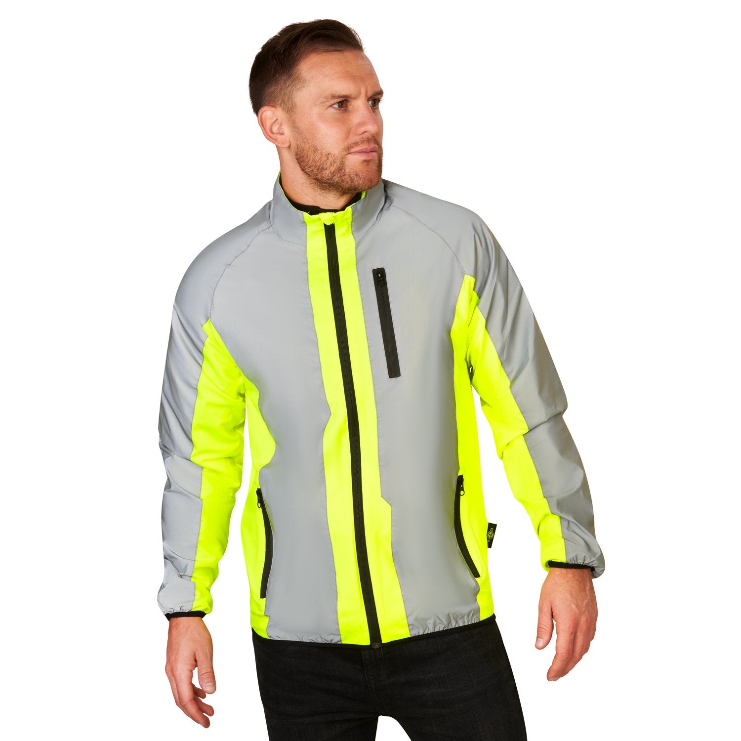 BTR silver and yellow hi vis jacket worn by a male model