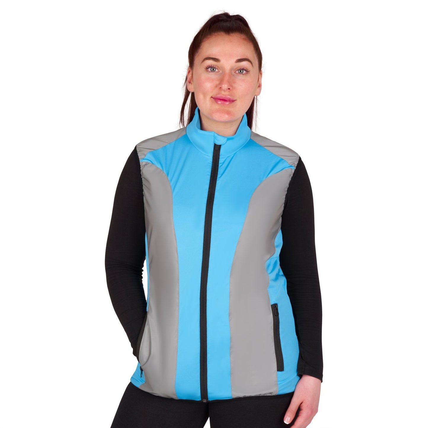 BTR womens blue reflective gilet front view on model