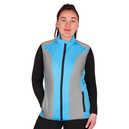 BTR womens blue reflective gilet front view on model