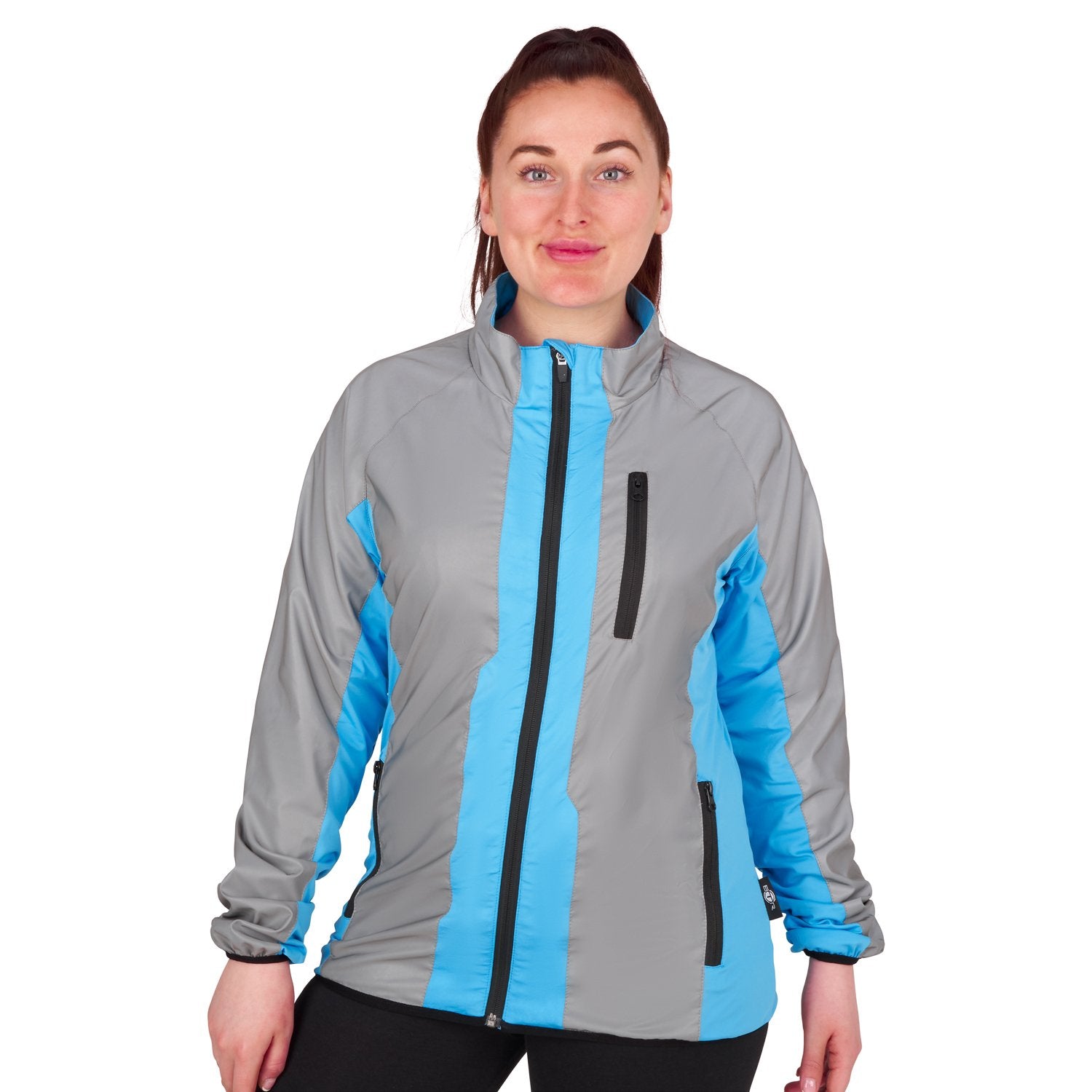 BTR womens blue reflective jacket worn by a model