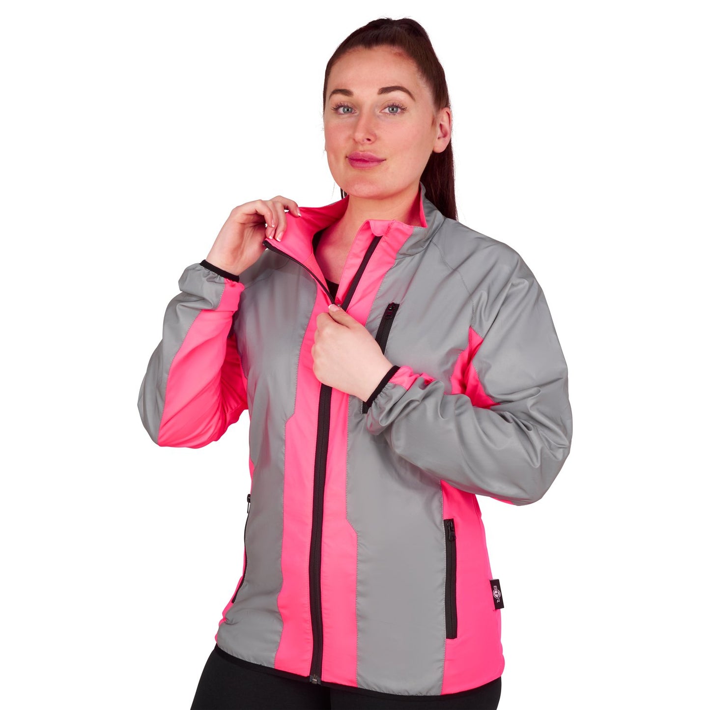 BTR womens pink reflective jacket worn by a model