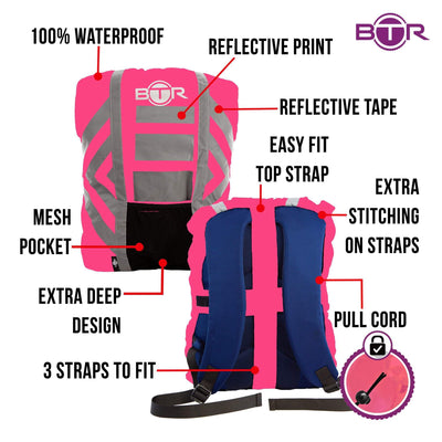 Pink hi viz waterproof backpack cover with reflective tape infographic