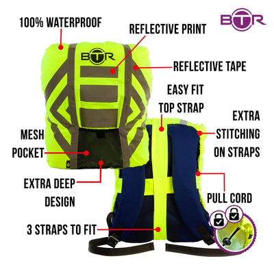 BTR Waterproof High Vis Reflective Backpack Rain Cover with 2 x LED Bicycle Lights