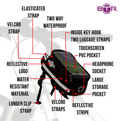 BTR Deluxe Bike Phone Bag with LED Bicycle Front & Rear Bike Lights
