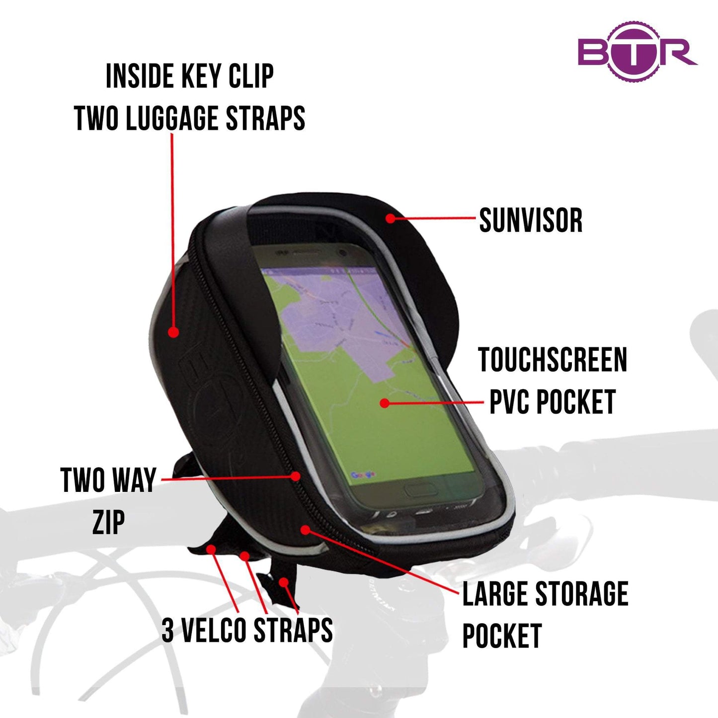 BTR Bike Handlebar Bag with Phone Holder with Sun Visor