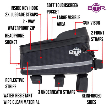 BTR Bike Top Tube Bag with Phone Holder - Waterproof Crossbar Frame Bag