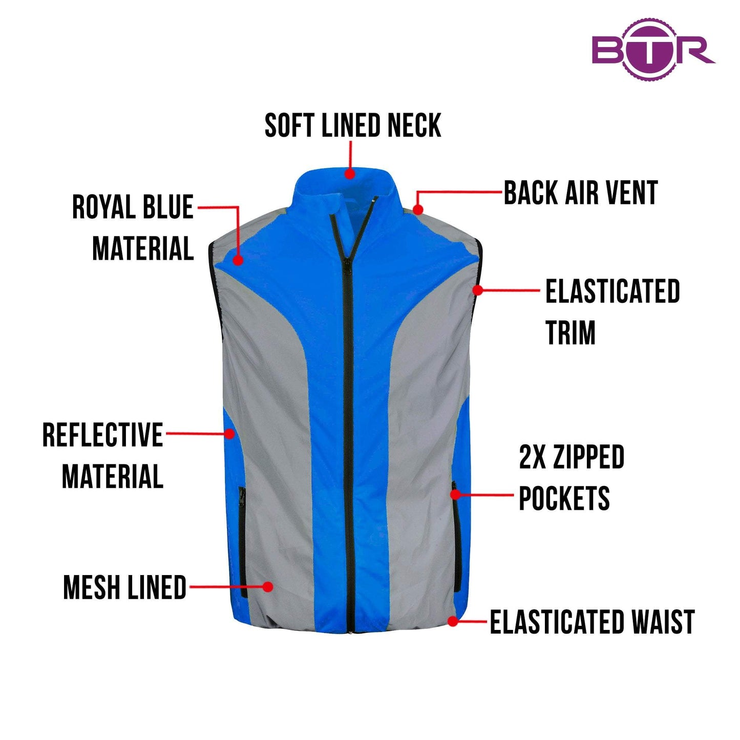 BTR mens blue gilet features infographic, royal blue material