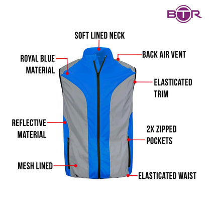 BTR mens blue gilet features infographic, royal blue material