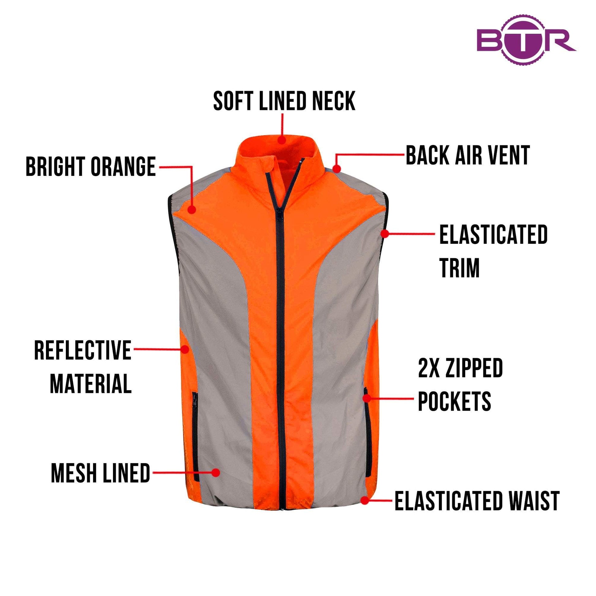 BTR mens orange gilet features infographic, bright orange material