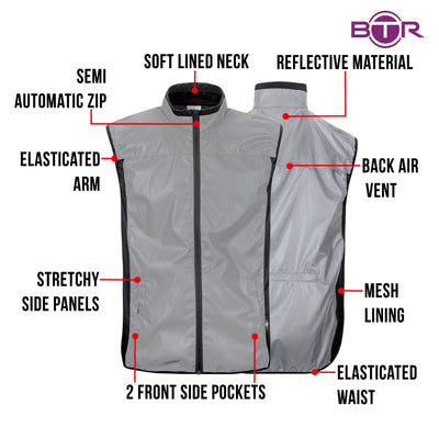BTR Reflective Cycling & Running Gilet & Vest 3-P - 3 Pockets (2 Side & 1 Rear Pocket)