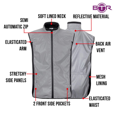 BTR Reflective Cycling & Running Gilet & Vest 3-Pockets, 2 Side & 1 Rear Pockets (SECONDS)