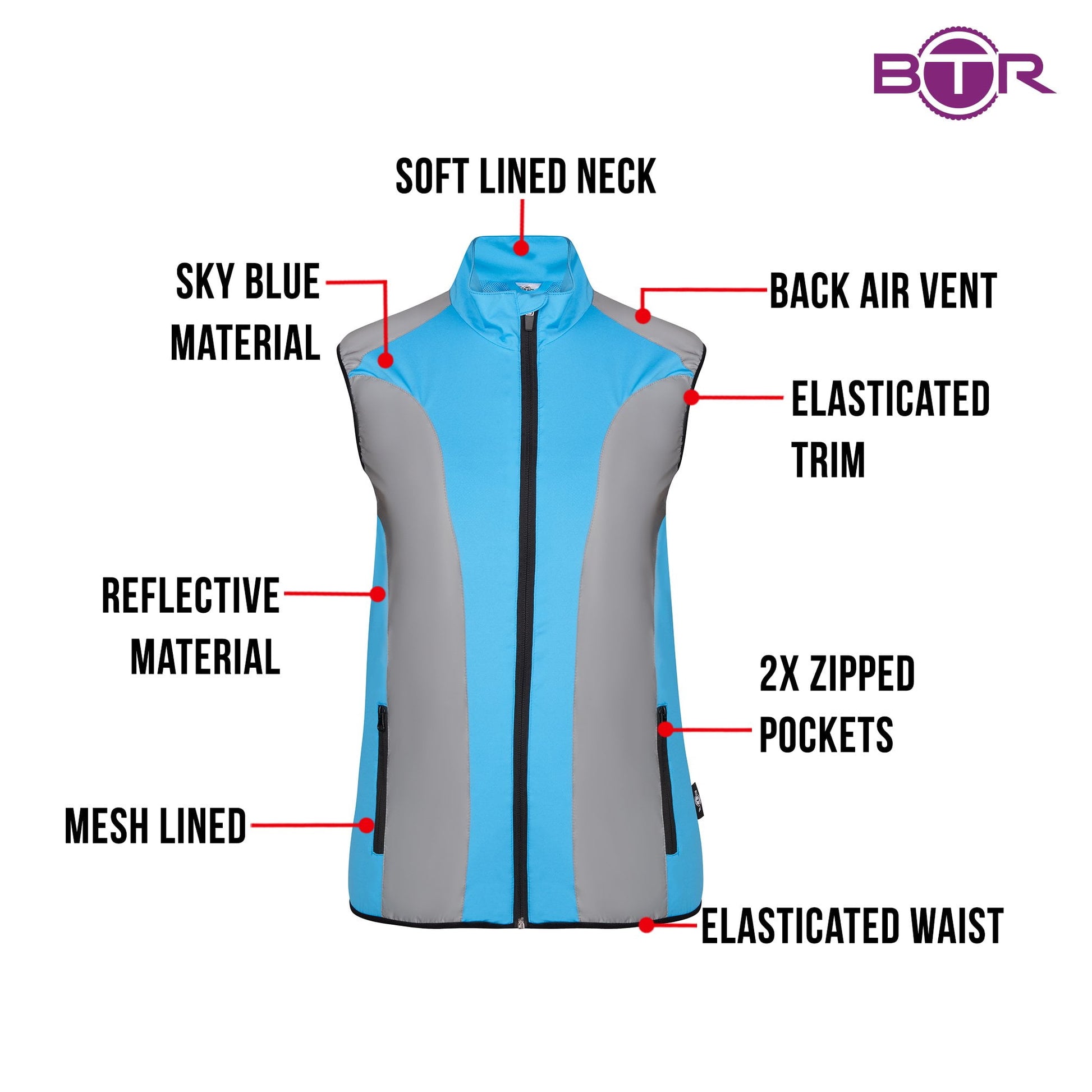 BTR womens blue gilet features infographic, sky blue material with reflective panels