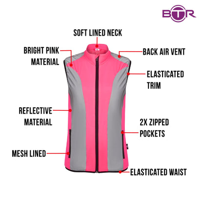 BTR womens pink gilet features infographic, bright pink material with reflective panels