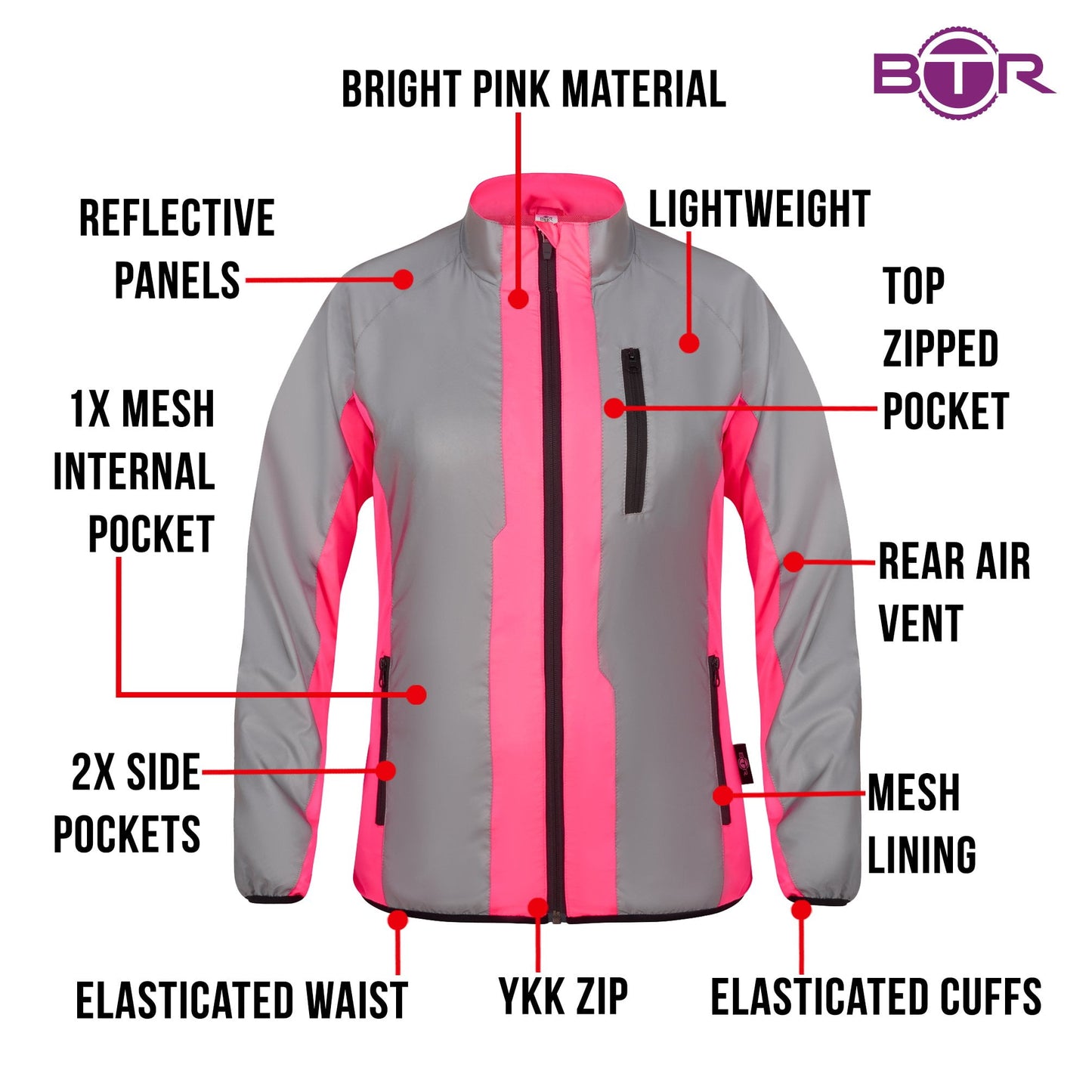 BTR womens pink jacket features infographic, bright pink material